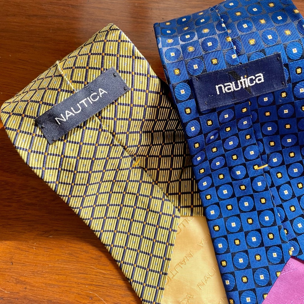 NAUTICA ties (pair) 100% silk. Blue with yellow dot pattern and gold navy Repp